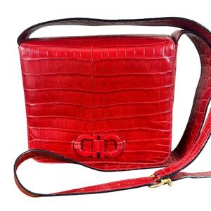Salvatore Ferragamo Crossbody Bag Red Leather Croc Embossed Shoulder Purse